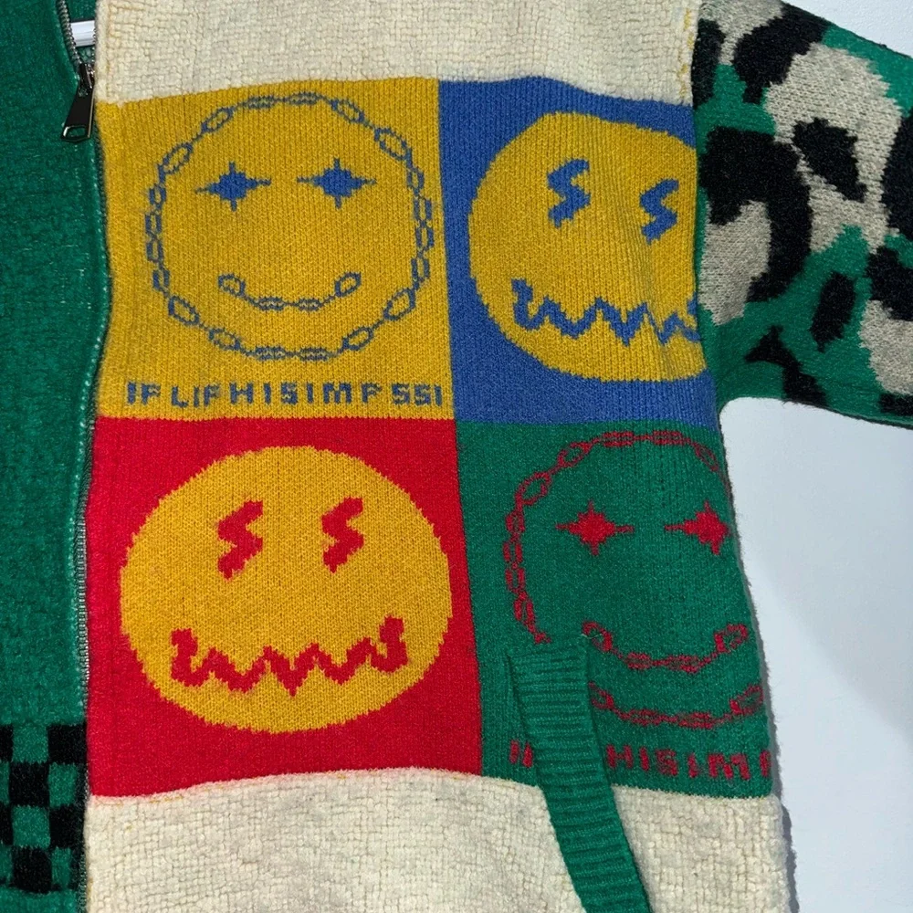 Rare Smiley Patchwork Knit Bomber Jacket Green Leopard Check Full Zip Streetwear